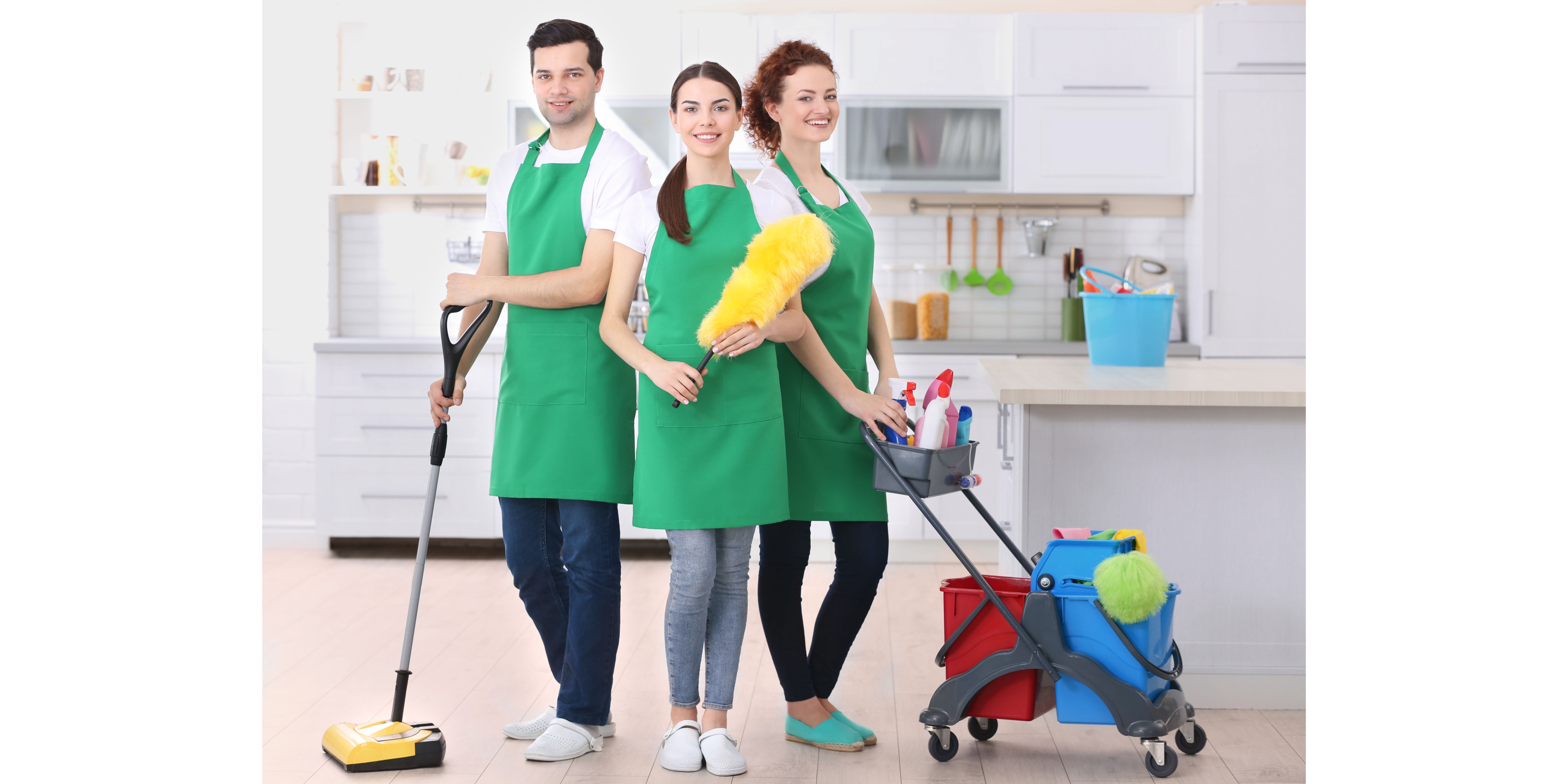a group of cleaners with their cleaning supplies