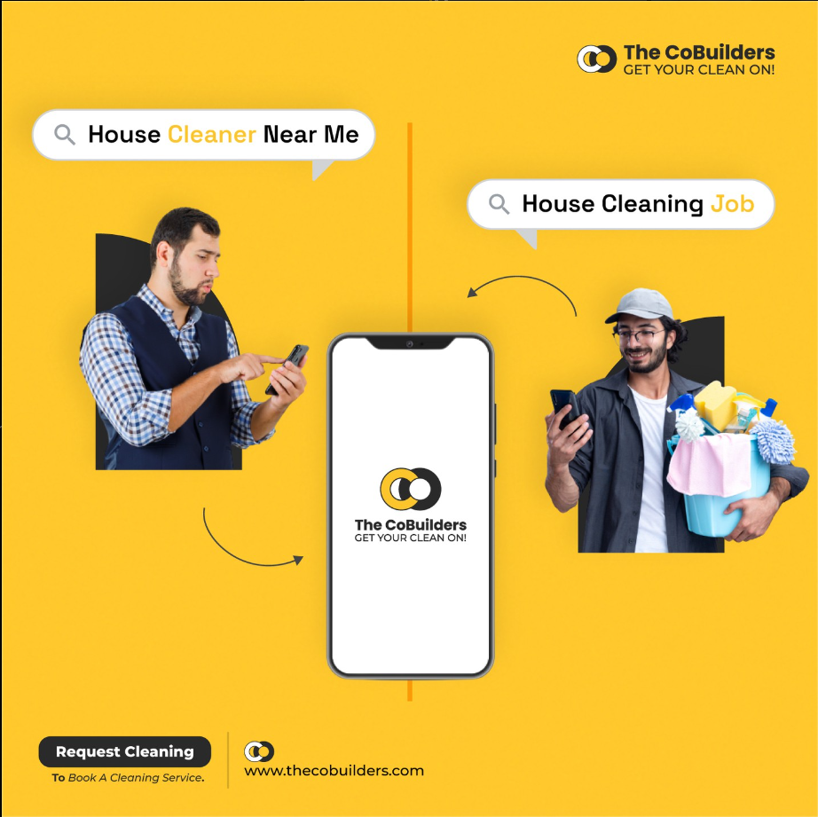 ad of a customer and cleaner connecting on the cobuilders app
