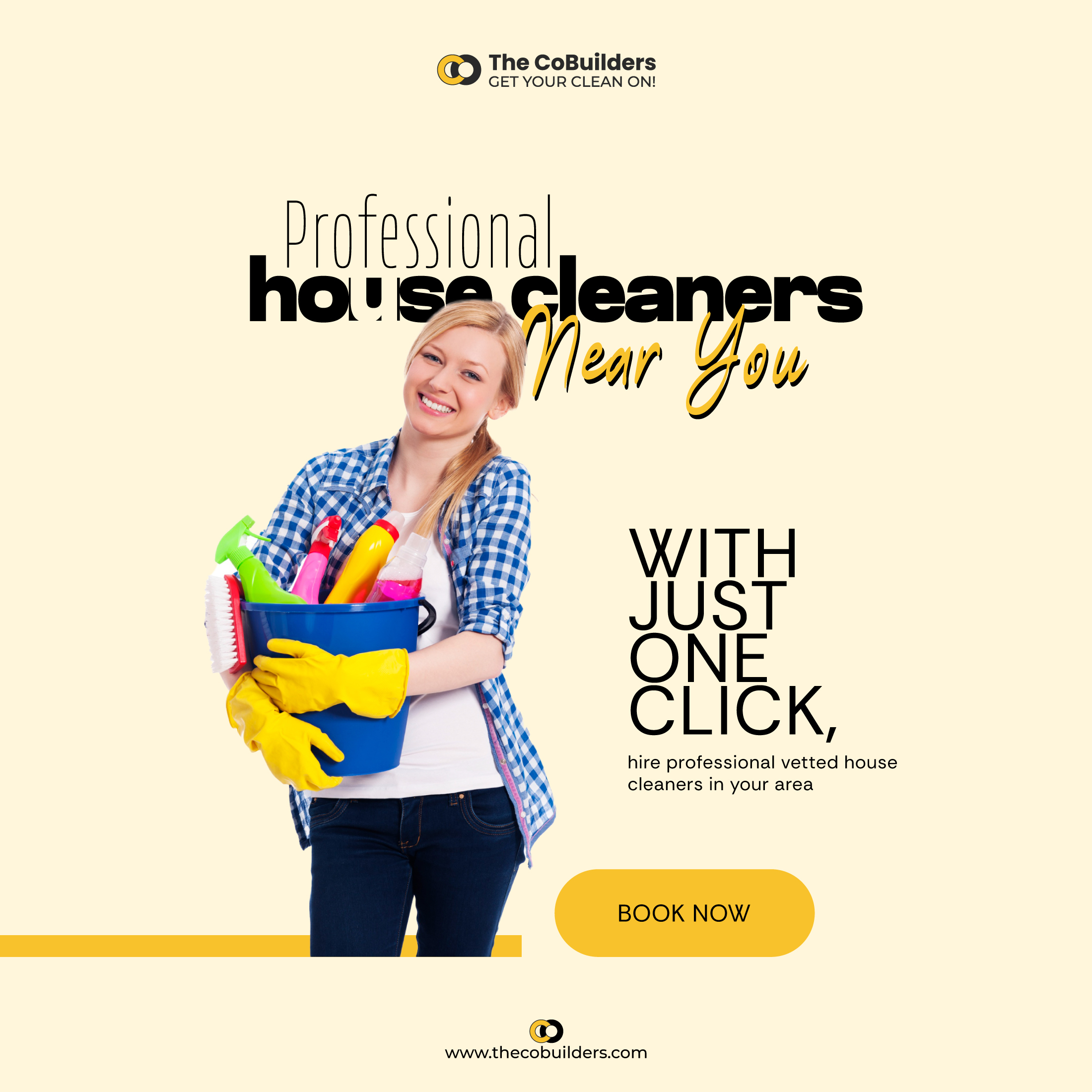 female house cleaner clutching a basket of cleaning supplies