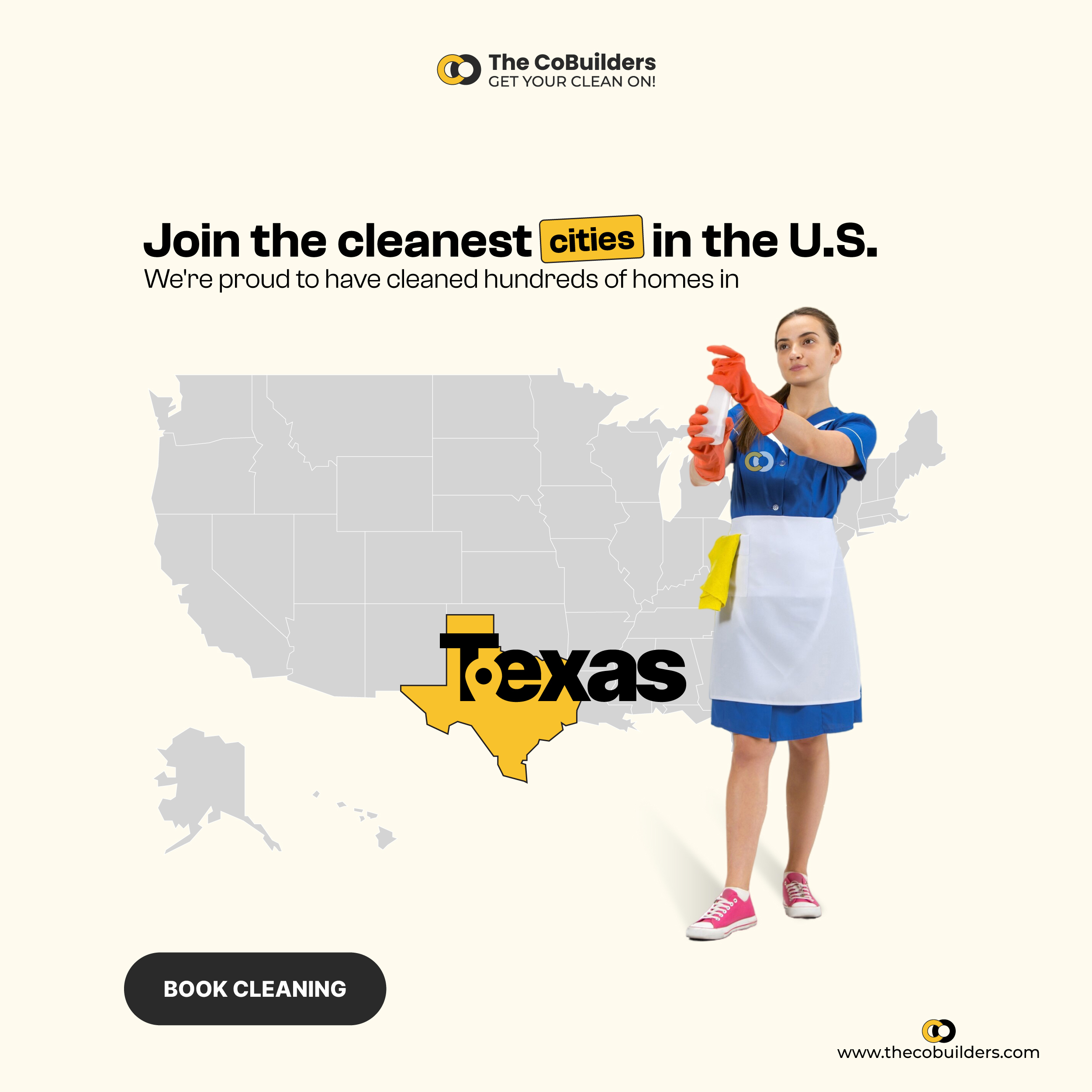house cleaner standing in front a map of Texas