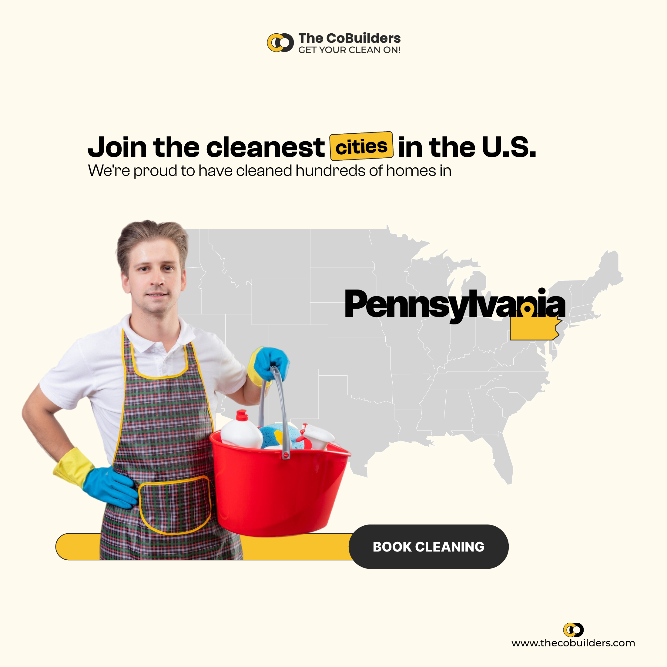 house cleaner in front of the map of Pennsylvania